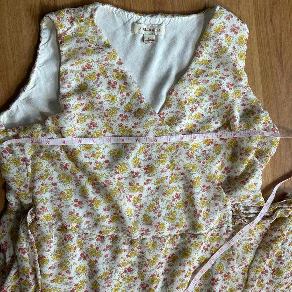 90's Vintage April Cornell Yellow Floral Pattern Wrap Midi Dress Boho Whimsy XL - Picture 6 of 11